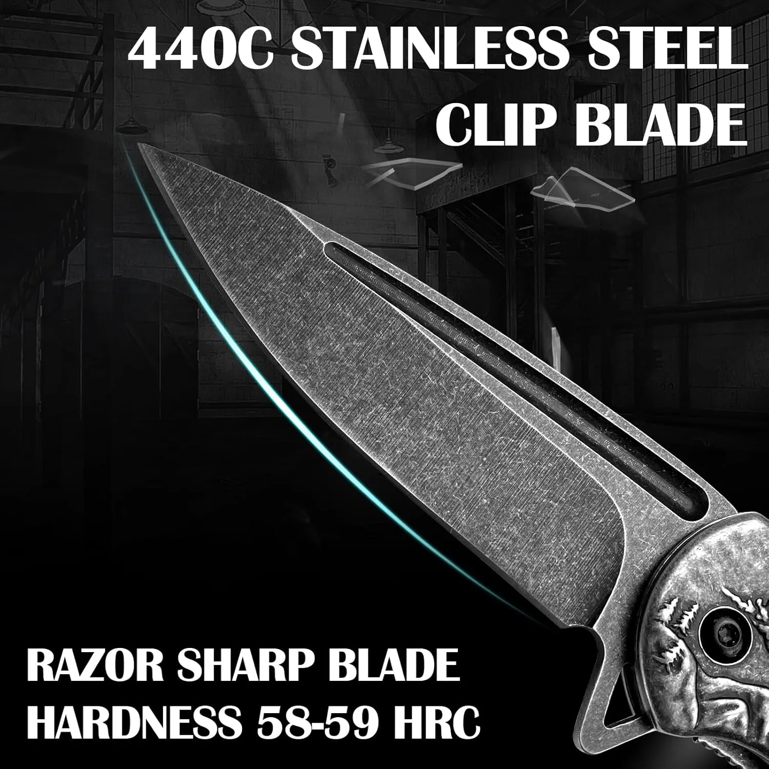 MADSABRE Wolf Pattern Folding Pocket Knife, Stone Washed Steel Handle Liner Lock with Clip Outdoor Camping Hunting EDC Tool