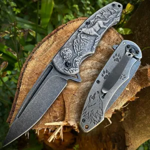 MADSABRE Wolf Pattern Folding Pocket Knife, Stone Washed Steel Handle Liner Lock with Clip Outdoor Camping Hunting EDC Tool