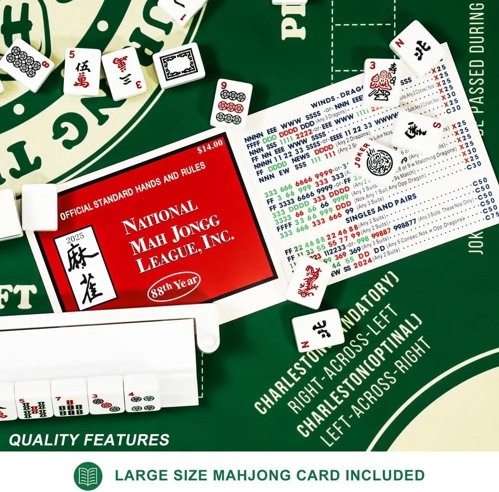 Mahjong Mat with Rules for Table,Travel Mahjong Set,Non-Slip and Silent,Comes with 2 Dice and 1 Coral Velvet Mahjong Mat Storage Bag,Mahjong Cards 2025(Green)
