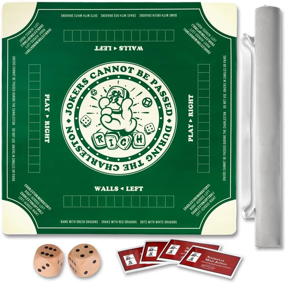 Mahjong Mat with Rules for Table,Travel Mahjong Set,Non-Slip and Silent,Comes with 2 Dice and 1 Coral Velvet Mahjong Mat Storage Bag,Mahjong Cards 2025(Green)