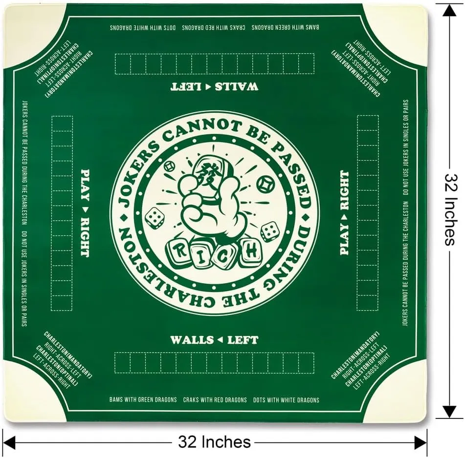 Mahjong Mat with Rules for Table,Travel Mahjong Set,Non-Slip and Silent,Comes with 2 Dice and 1 Coral Velvet Mahjong Mat Storage Bag,Mahjong Cards 2025(Green)