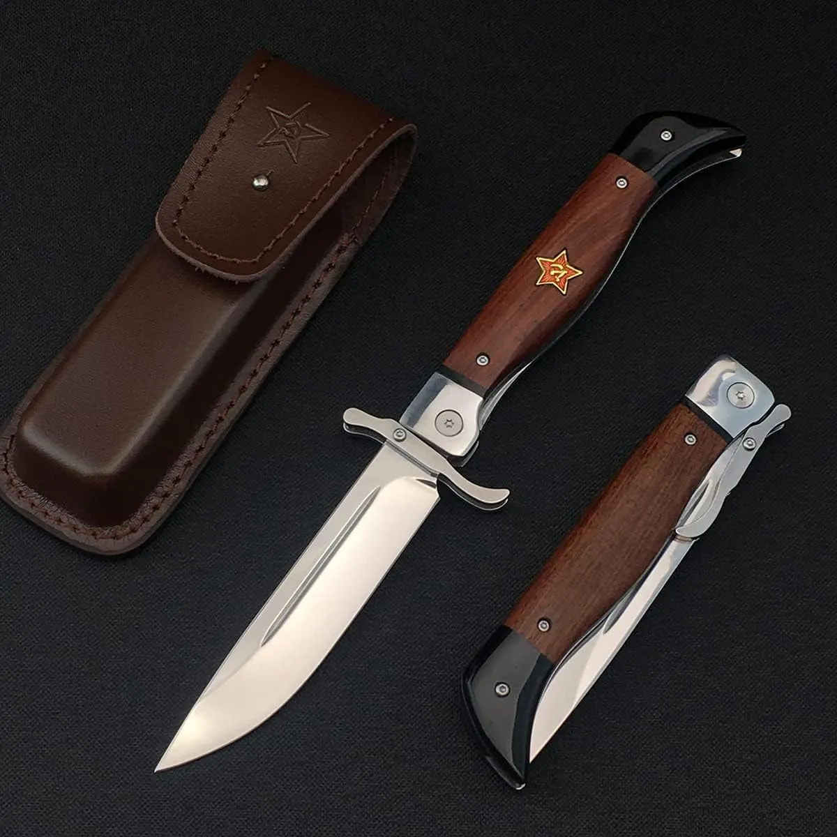 Manual Open Folding Pocket Knife with Leather Sheath, 440C Steel Mirror Blade, Rosewood Handle, EDC Tactical Pocket Knife with Liner Lock, Hand-Blocking Design for Outdoor Camping