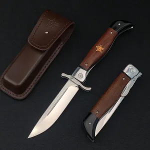 Manual Open Folding Pocket Knife with Leather Sheath, 440C Steel Mirror Blade, Rosewood Handle, EDC Tactical Pocket Knife with Liner Lock, Hand-Blocking Design for Outdoor Camping