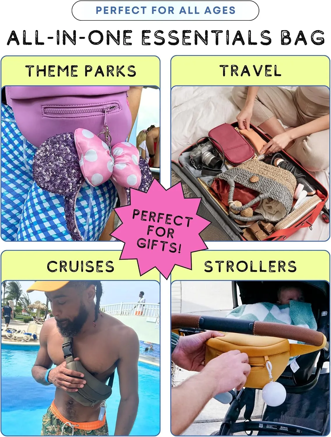 Maxie & Nova Theme Park Essentials Fanny Pack for Women -10 Pieces, Cruise Ship Essentials including USB Fan, Collapsible Water Bottle, Disposable Ponchos, Cooling Towel, Silicone Straw - (Black)