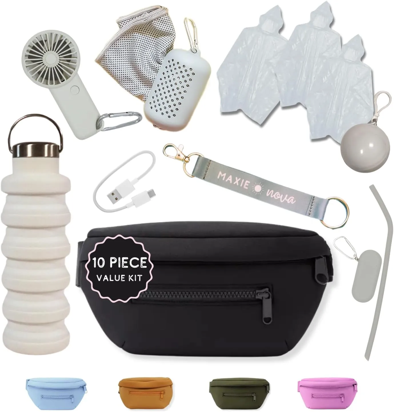 Maxie & Nova Theme Park Essentials Fanny Pack for Women -10 Pieces, Cruise Ship Essentials including USB Fan, Collapsible Water Bottle, Disposable Ponchos, Cooling Towel, Silicone Straw - (Black)