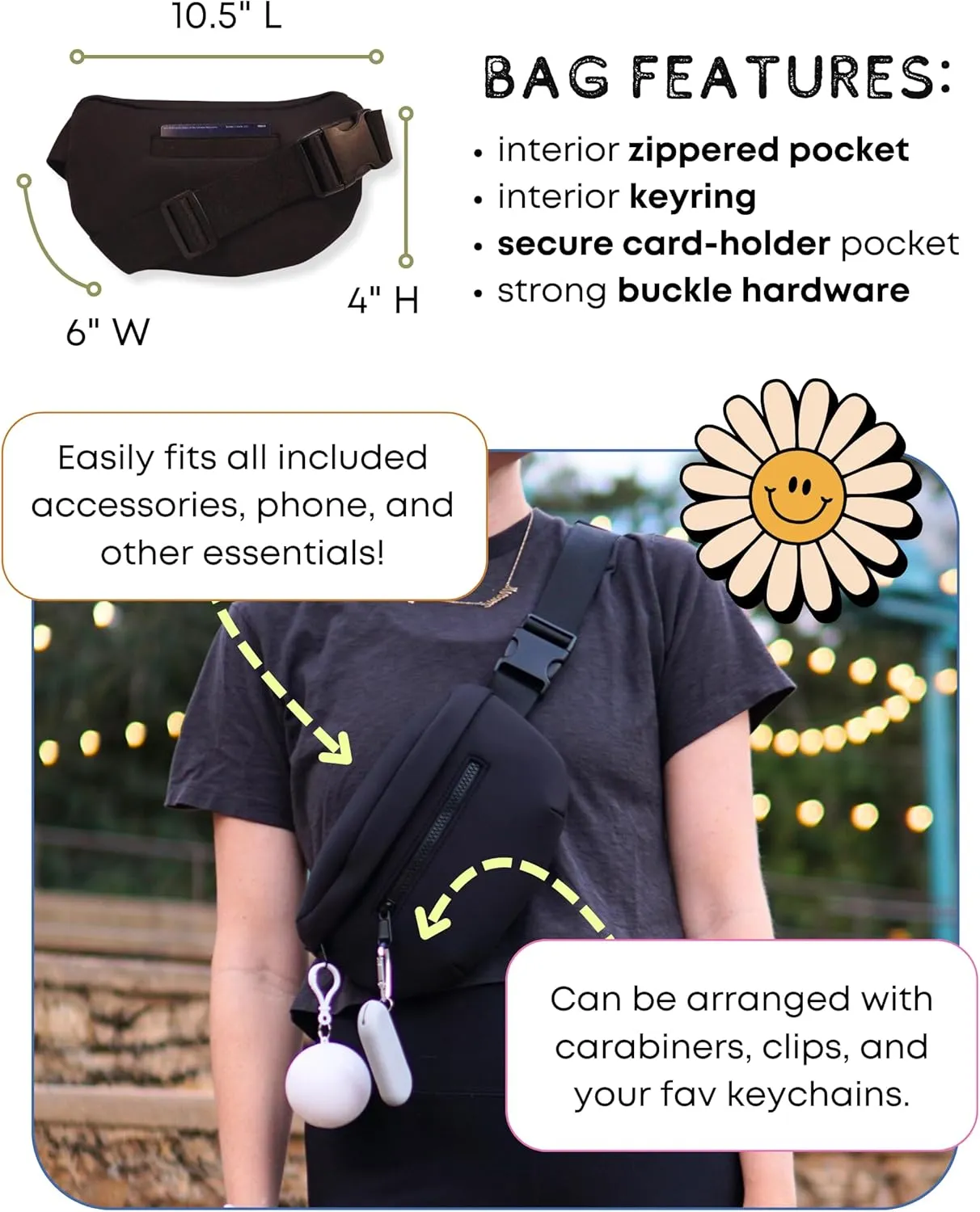 Maxie & Nova Theme Park Essentials Fanny Pack for Women -10 Pieces, Cruise Ship Essentials including USB Fan, Collapsible Water Bottle, Disposable Ponchos, Cooling Towel, Silicone Straw - (Black)