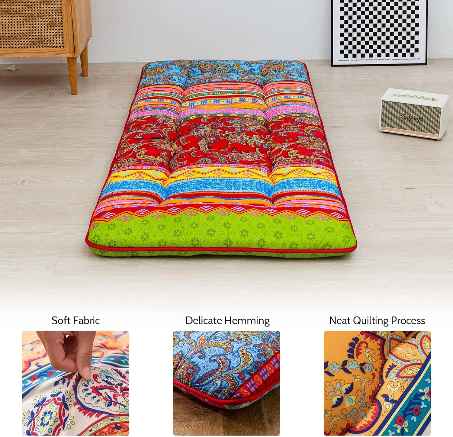 MAXYOYO Cot Mattress Bohemian Floor Bed, Japanese Floor Mattress Narrow Twin Futon Single Bed for Adults, Foldable Roll Up Camping Cot Mat