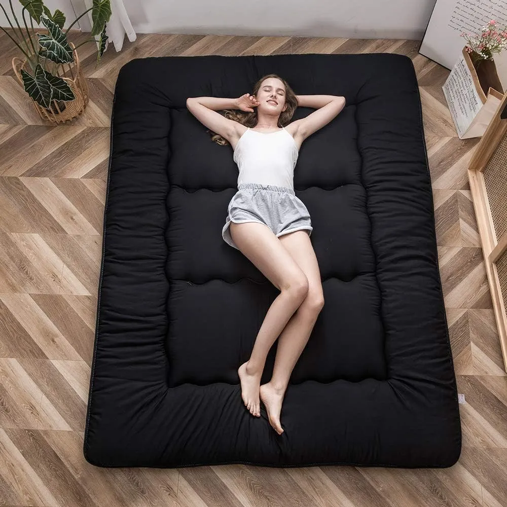 MAXYOYO Japanese Floor Mattress Futon Mattress, 4" Thicken Tatami Mat Sleeping Pad Foldable Roll Up Mat Boys Girls Dormitory Pad Kids Floor Lounger Pillow Bed, Black, Twin Size