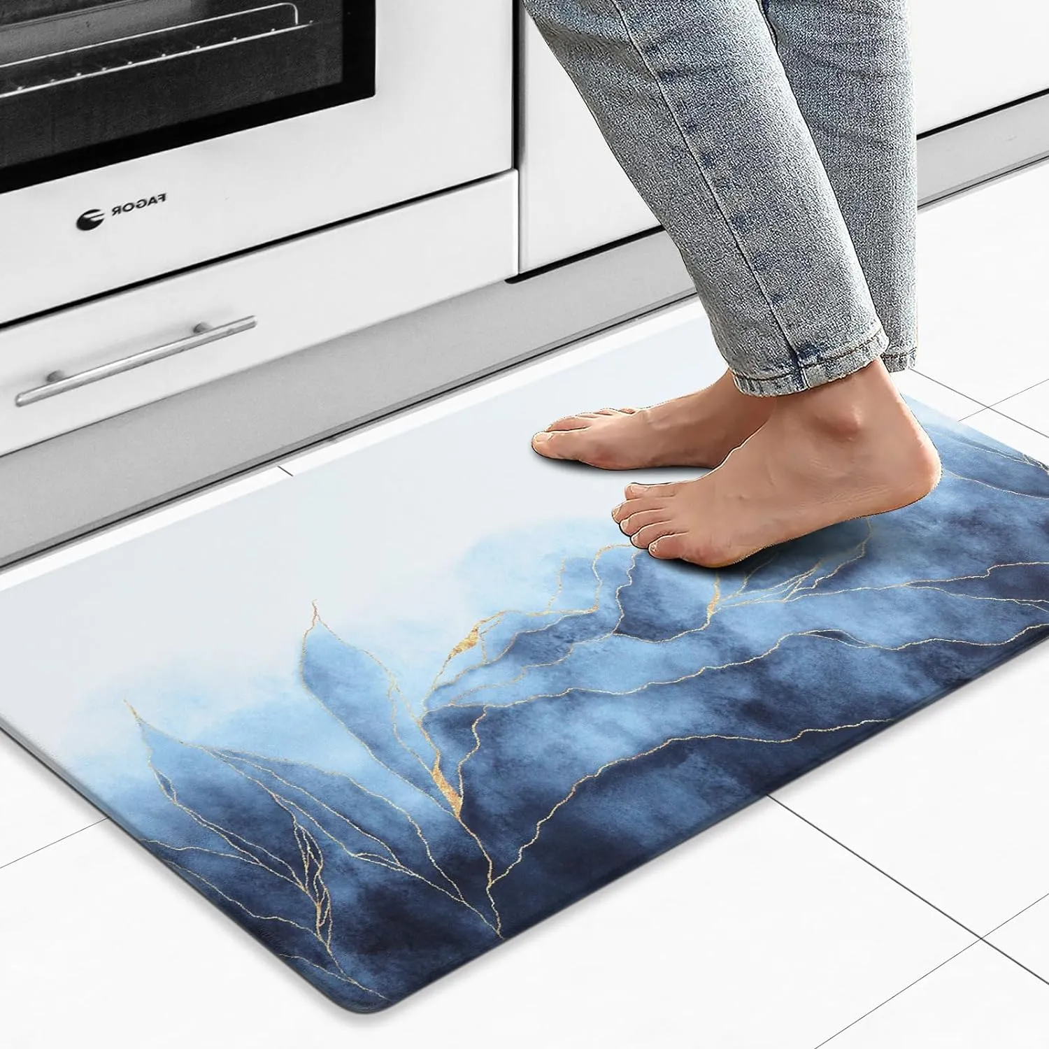 MAYHMYO Kitchen Floor Mat Blue Gold Anti Fatigue Kitchen Rugs Non Skid Waterproof Kitchen Runner Rug Kitchen Rugs and Mats Memory Foam Kitchen Mats for Floor Laundry Office