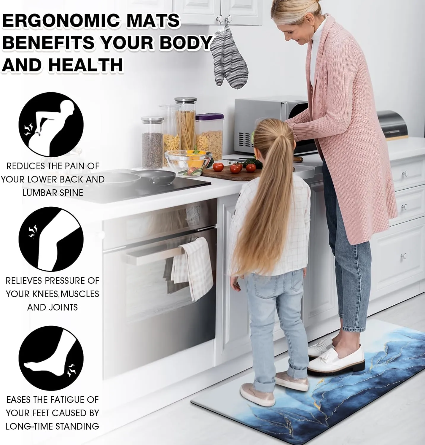 MAYHMYO Kitchen Floor Mat Blue Gold Anti Fatigue Kitchen Rugs Non Skid Waterproof Kitchen Runner Rug Kitchen Rugs and Mats Memory Foam Kitchen Mats for Floor Laundry Office