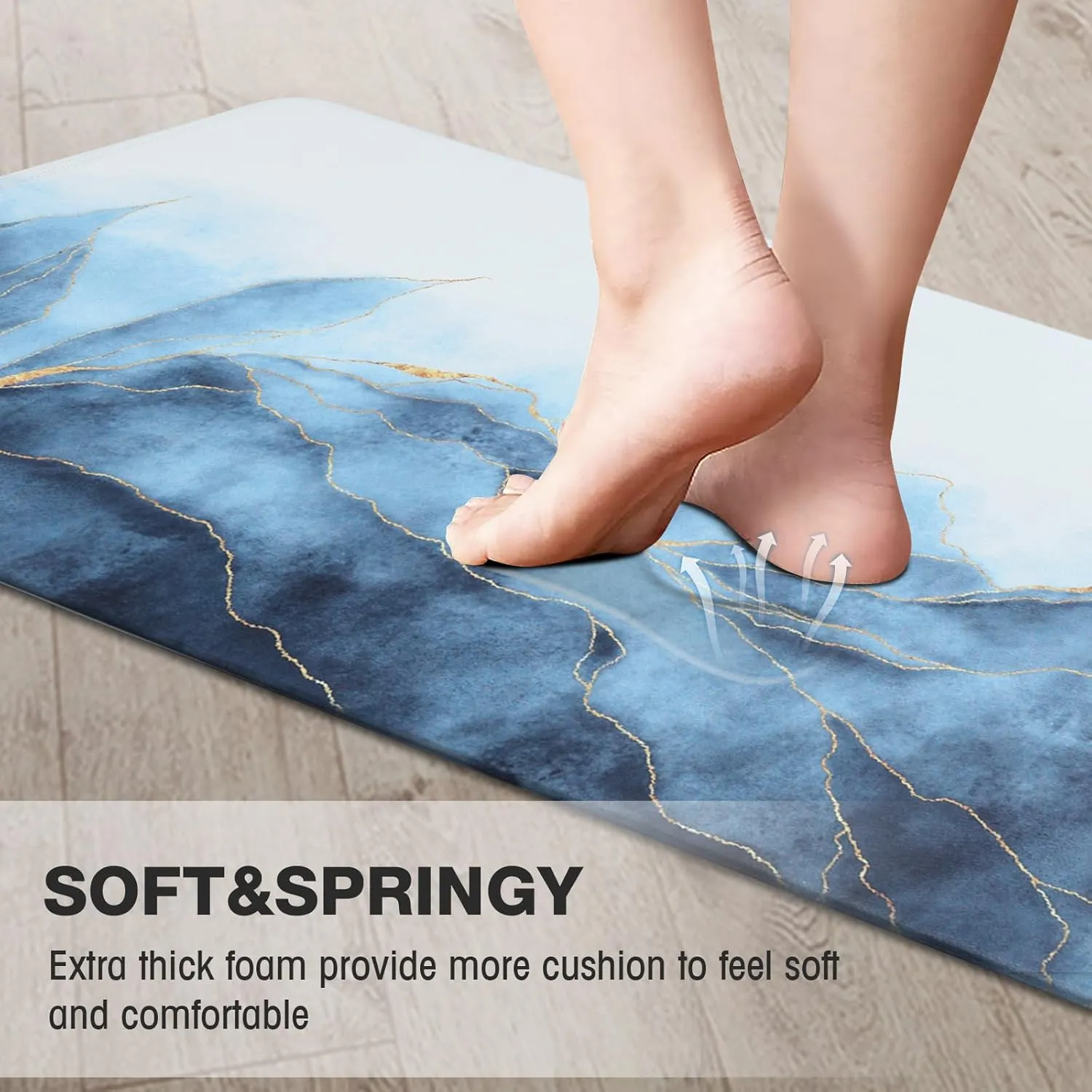 MAYHMYO Kitchen Floor Mat Blue Gold Anti Fatigue Kitchen Rugs Non Skid Waterproof Kitchen Runner Rug Kitchen Rugs and Mats Memory Foam Kitchen Mats for Floor Laundry Office