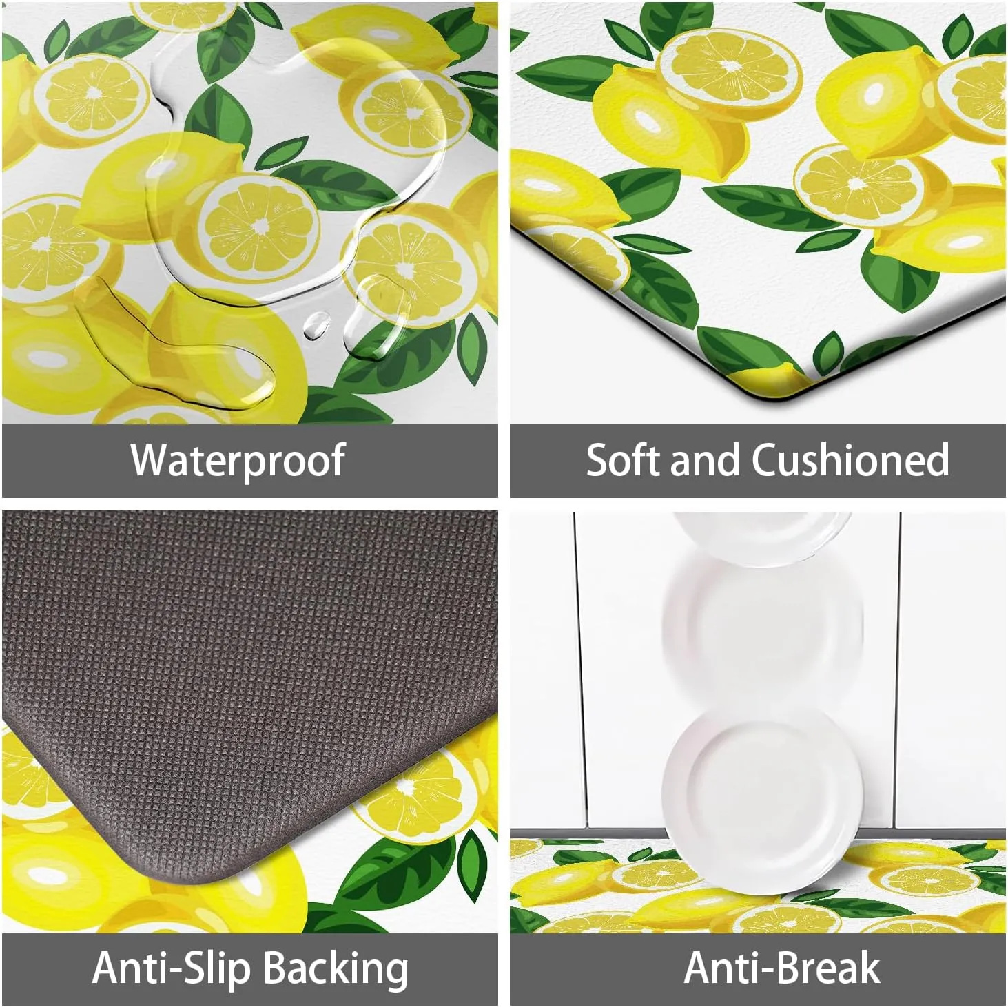 MAYHMYO Kitchen Mats 2PCS,White Lemon Waterproof Non-Slip Kitchen Mats and Rugs,Cushioned Anti Fatigue Ergonomic Comfort Foam Standing Mat for Home,Office,Sink,Laundry,Desk