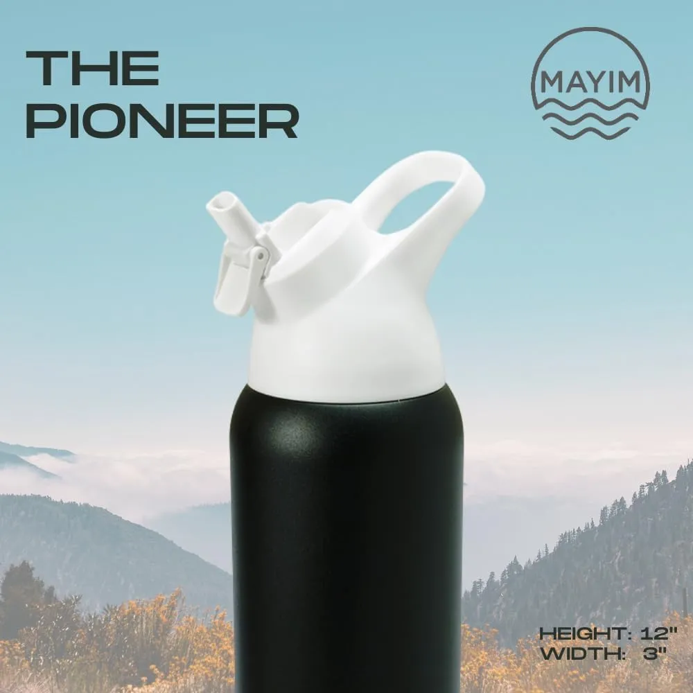 Mayim 32 Oz Pioneer Insulated Sports Water Bottle with Straw, Leak Proof Stainless Steel Water Bottle with Handle, Spill Proof Thermos or Water Jug for Gym, Home or Office -Black