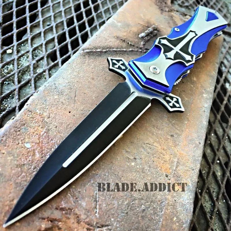MEGAKNIFE Spring Assisted Open CELTIC CROSS Folding Blade STILETTO Pocket Knife BL
