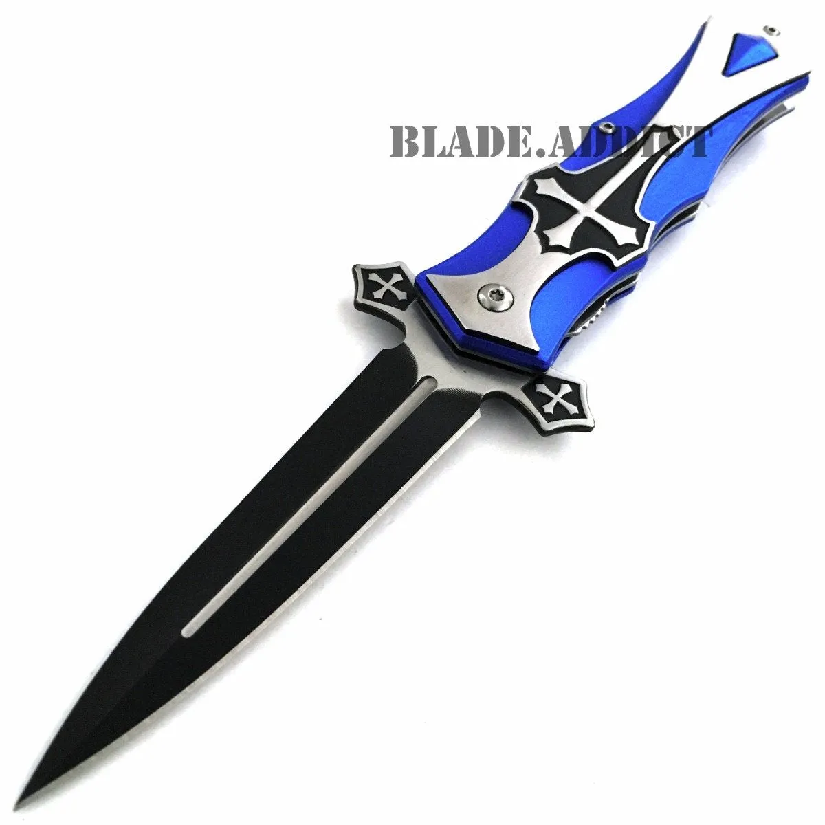 MEGAKNIFE Spring Assisted Open CELTIC CROSS Folding Blade STILETTO Pocket Knife BL