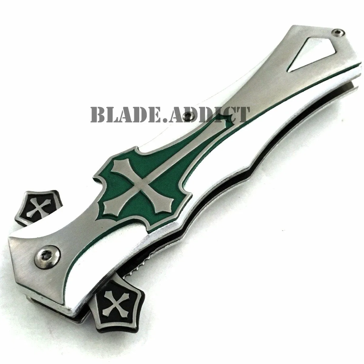 MEGAKNIFE Spring Assisted Open CELTIC CROSS Folding Blade STILETTO Pocket Knife GN