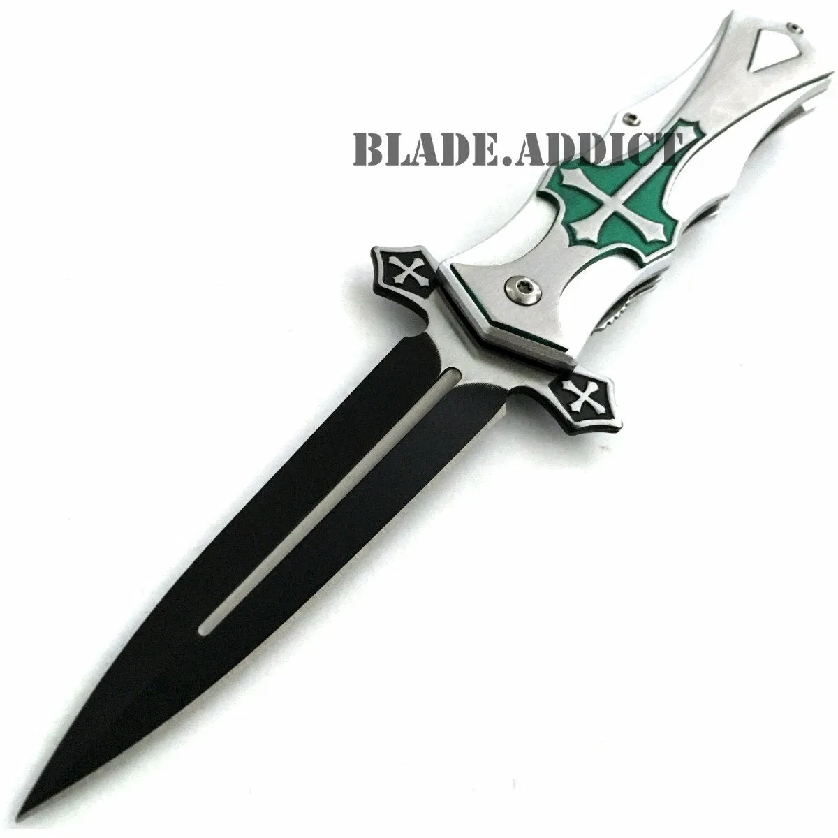 MEGAKNIFE Spring Assisted Open CELTIC CROSS Folding Blade STILETTO Pocket Knife GN