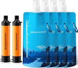 Membrane Solutions Squeezable Water Filtration System, Survival Water Purifier Kit, Portable Backpacking Gear Including Water Filter Straw and 23oz Collapsible Bottle for Hiking Camping Travel(2 4)