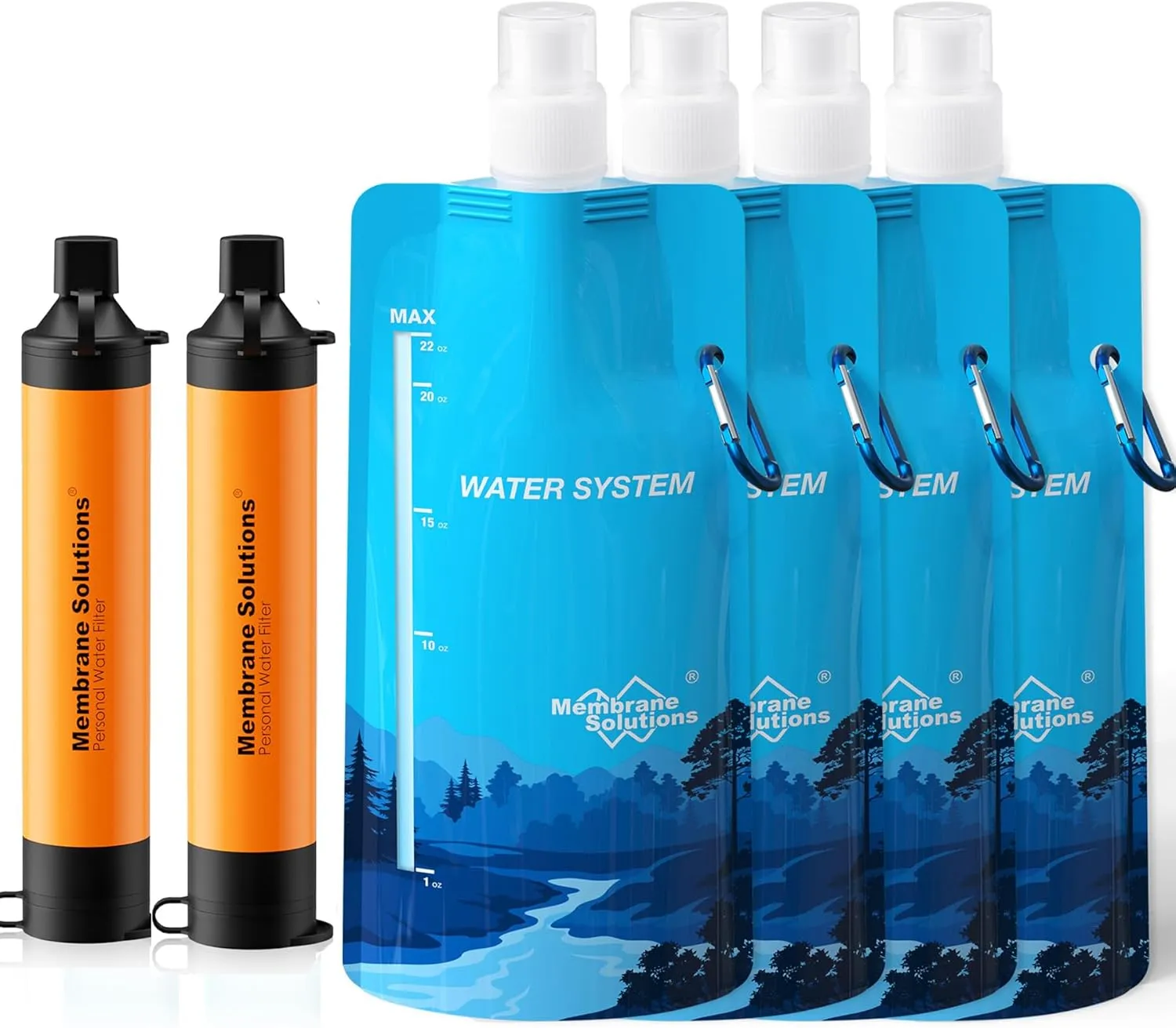 Membrane Solutions Squeezable Water Filtration System, Survival Water Purifier Kit, Portable Backpacking Gear Including Water Filter Straw and 23oz Collapsible Bottle for Hiking Camping Travel(2 4)