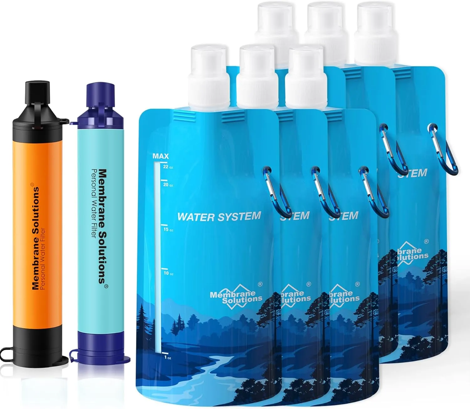 Membrane Solutions Squeezable Water Filtration System, Survival Water Purifier Kit, Portable Backpacking Gear Including Water Filter Straw and 23oz Collapsible Bottle for Hiking Camping Travel(2 6)