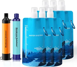 Membrane Solutions Squeezable Water Filtration System, Survival Water Purifier Kit, Portable Backpacking Gear Including Water Filter Straw and 23oz Collapsible Bottle for Hiking Camping Travel(2 6)