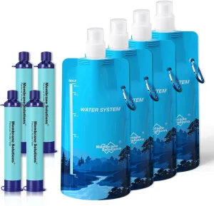 Membrane Solutions Squeezable Water Filtration System, Survival Water Purifier Kit, Portable Backpacking Gear Including Water Filter Straw and 23oz Collapsible Bottle for Hiking Camping Travel(4 4)