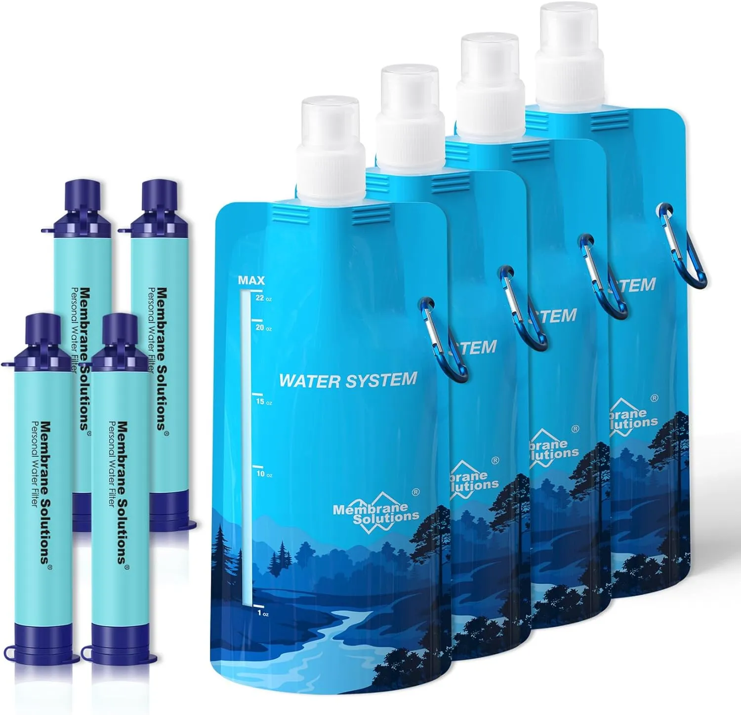 Membrane Solutions Squeezable Water Filtration System, Survival Water Purifier Kit, Portable Backpacking Gear Including Water Filter Straw and 23oz Collapsible Bottle for Hiking Camping Travel(4 4)