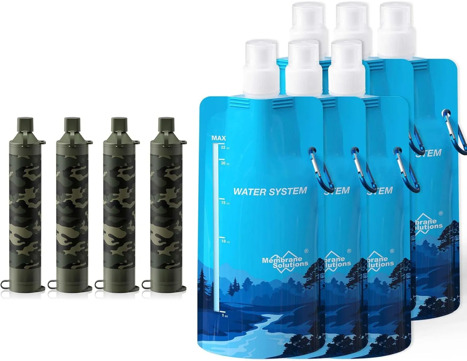 Membrane Solutions Squeezable Water Filtration System, Survival Water Purifier Kit, Portable Backpacking Gear Including Water Filter Straw and 23oz Collapsible Bottle for Hiking Camping Travel(4 6)