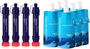 Membrane Solutions WS02 Detachable Water Filter Straw (Pack of 4) with 23oz Collapsible Squeezable Water Pouch (Set of 6)
