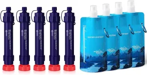 Membrane Solutions WS02 Detachable Water Filter Straw (Pack of 5) with 23oz Collapsible Squeezable Water Pouch (Set of 4)