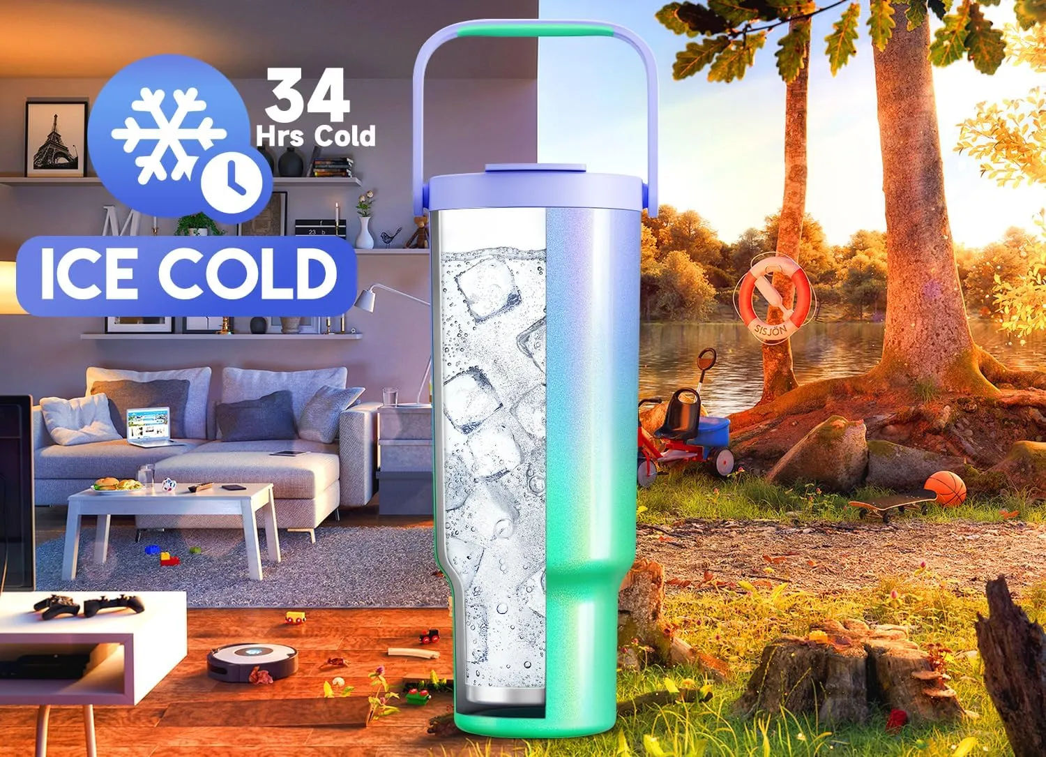 Meoky 40 oz Tumbler with Handle and Straw, Insulated Water Bottle, Stainless Steel Travel Mug, Keeps Cold for 34 Hours, 100% Leak Proof, Fits in Car Cup Holder (Fairyland)