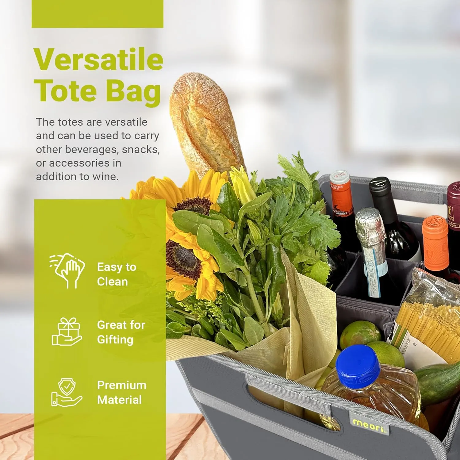meori – Collapsible Wine Tote Bag, Durable Wine Bag 12 Bottle, Tear-Resistant Reusable Drink Tote Bags for Alcohol, Foldable Drink Carrier, Portable Wine Carrier, Wine Lovers Gift, Granite Grey