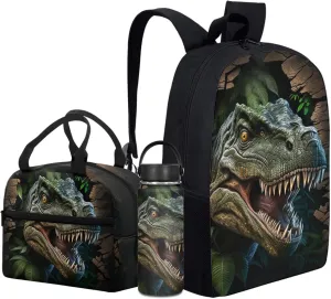 Merkmak Dinosaur Boys Backpack 3 Pcs Set for 5-12 Years Kids Forest Bookbag with Lunch Bag for Elementary Children School Bag 17 Inch Daypack with Water Bottle for Back to School