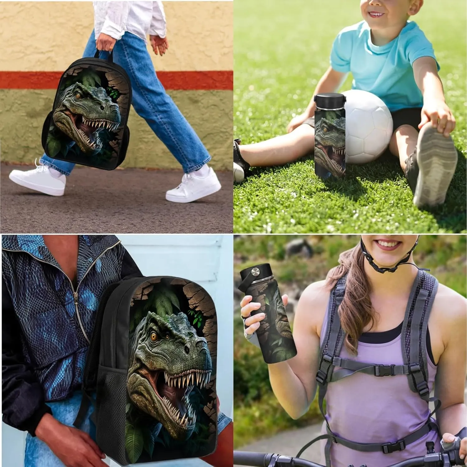 Merkmak Dinosaur Boys Backpack 3 Pcs Set for 5-12 Years Kids Forest Bookbag with Lunch Bag for Elementary Children School Bag 17 Inch Daypack with Water Bottle for Back to School