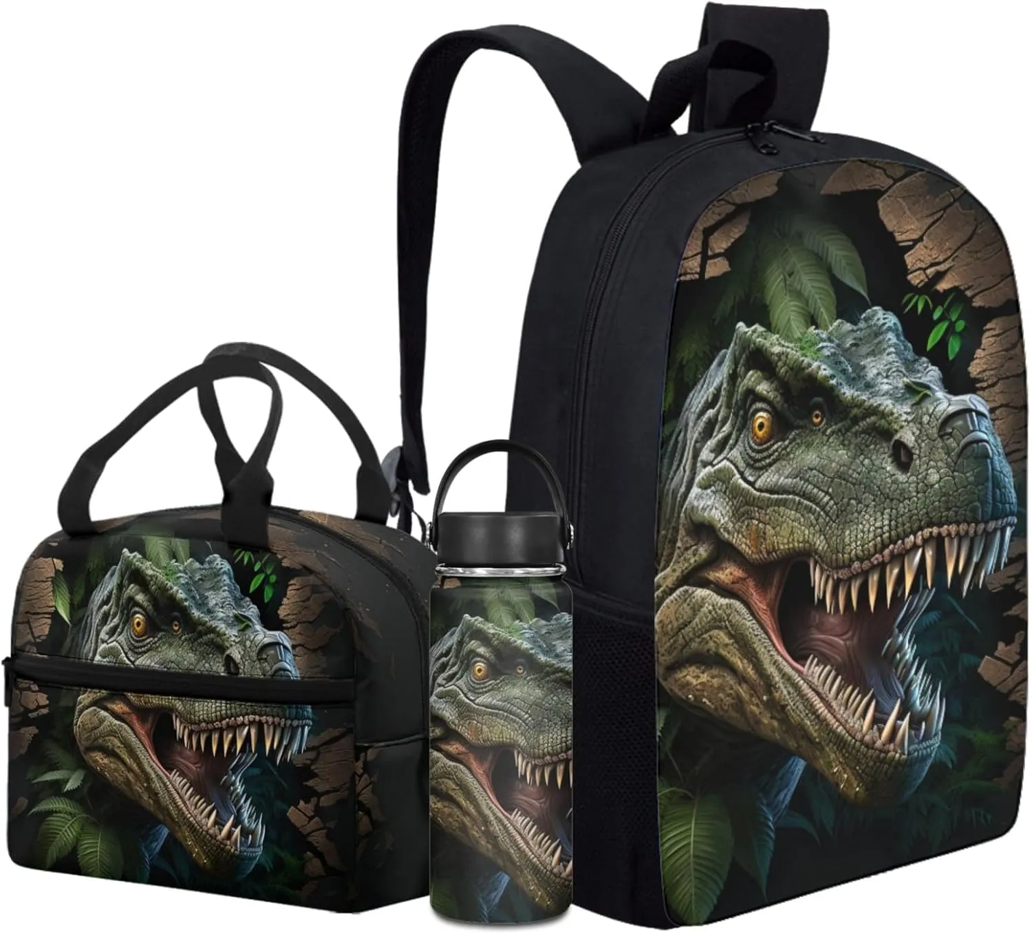 Merkmak Dinosaur Boys Backpack 3 Pcs Set for 5-12 Years Kids Forest Bookbag with Lunch Bag for Elementary Children School Bag 17 Inch Daypack with Water Bottle for Back to School