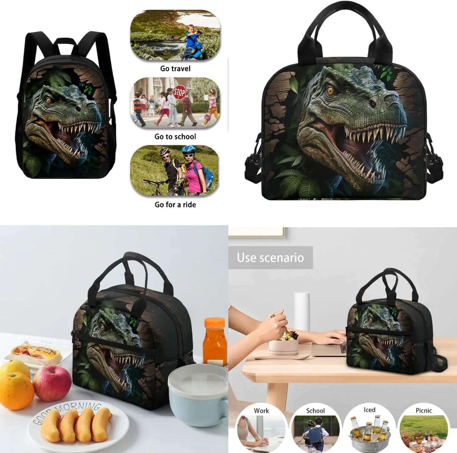 Merkmak Dinosaur Boys Backpack 3 Pcs Set for 5-12 Years Kids Forest Bookbag with Lunch Bag for Elementary Children School Bag 17 Inch Daypack with Water Bottle for Back to School