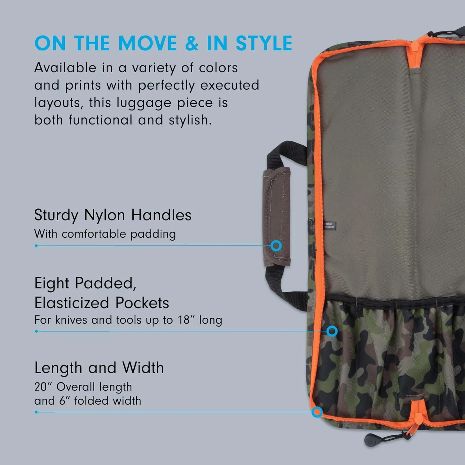 Messermeister 8-Pocket Padded Knife Luggage Bag, Camouflage - 8 Elasticized, Reinforced Pockets for Culinary Tools - Holds Up to 18” Knife - Functional, Stylish & Durable