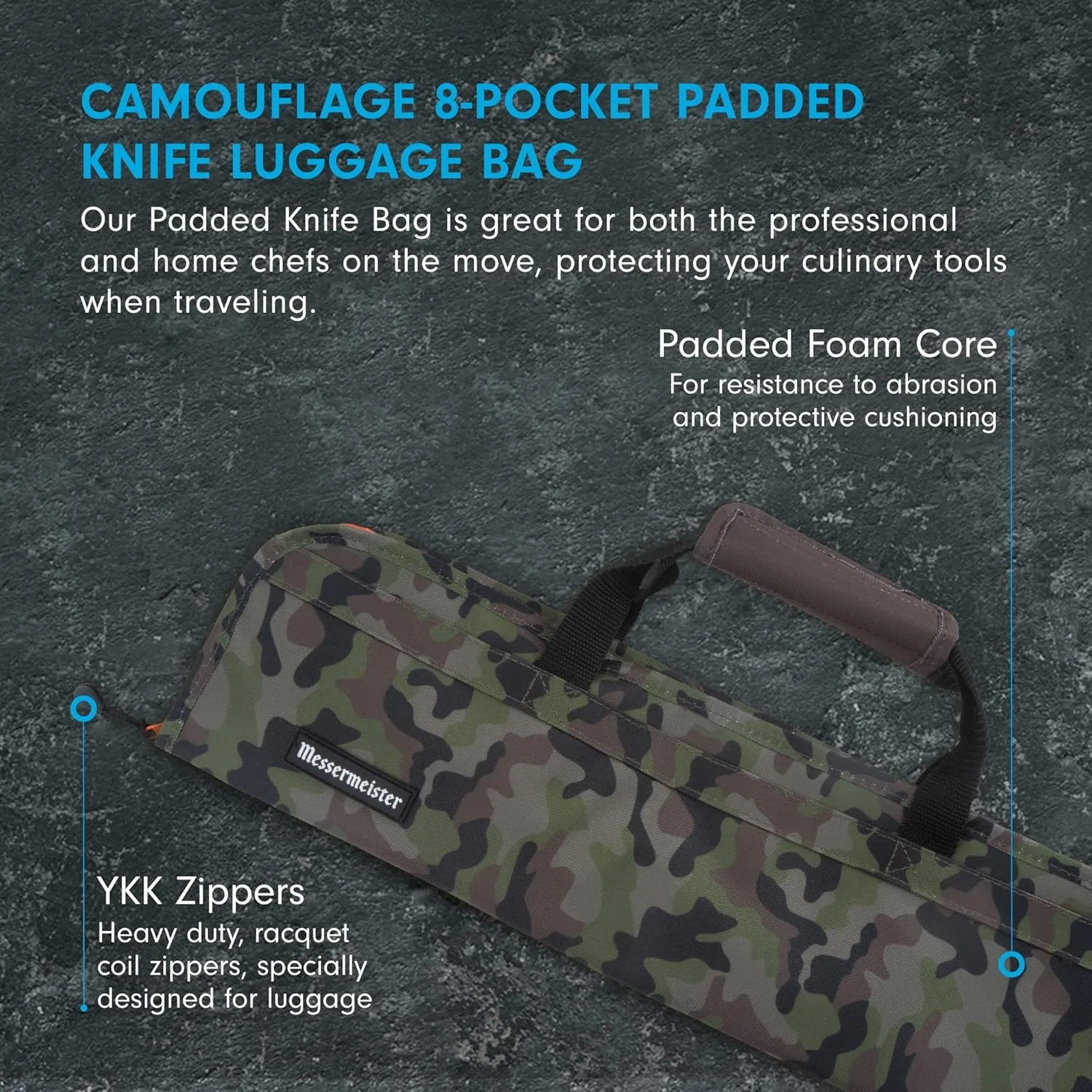 Messermeister 8-Pocket Padded Knife Luggage Bag, Camouflage - 8 Elasticized, Reinforced Pockets for Culinary Tools - Holds Up to 18” Knife - Functional, Stylish & Durable