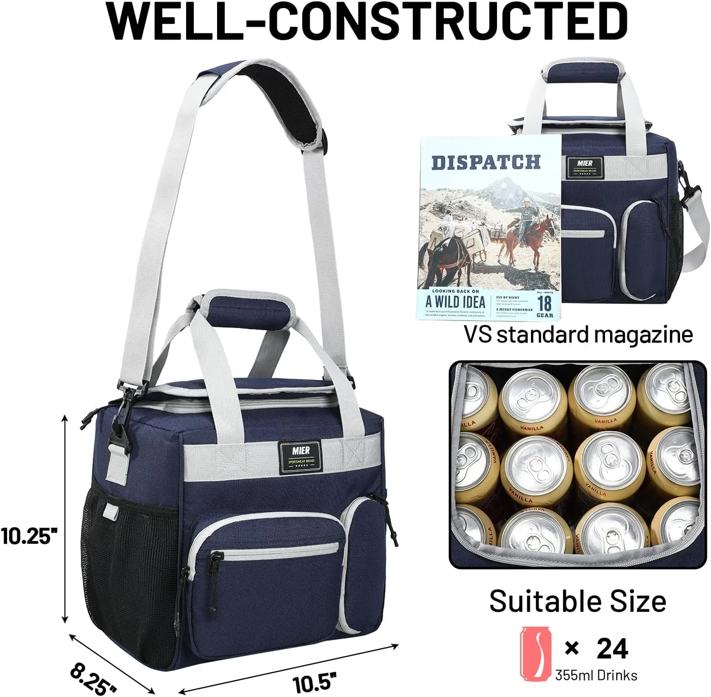 MIER Large Lunch Box for Men Women Adult Insulated Soft Sided Cooler 24 Can Leakproof Lunch Bag Collapsible for Work Travel Camping Beach, 15L (Blue-No Luggage Strap)