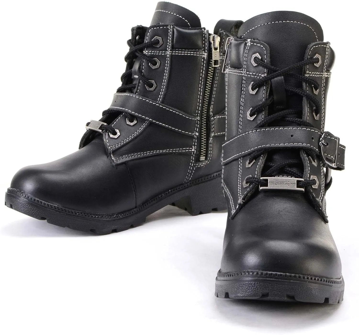 Milwaukee Leather MBL9312 Women's Black Leather Lace-Up 7-Inch Harness Motorcycle Rider Boots w/Buckle - 8