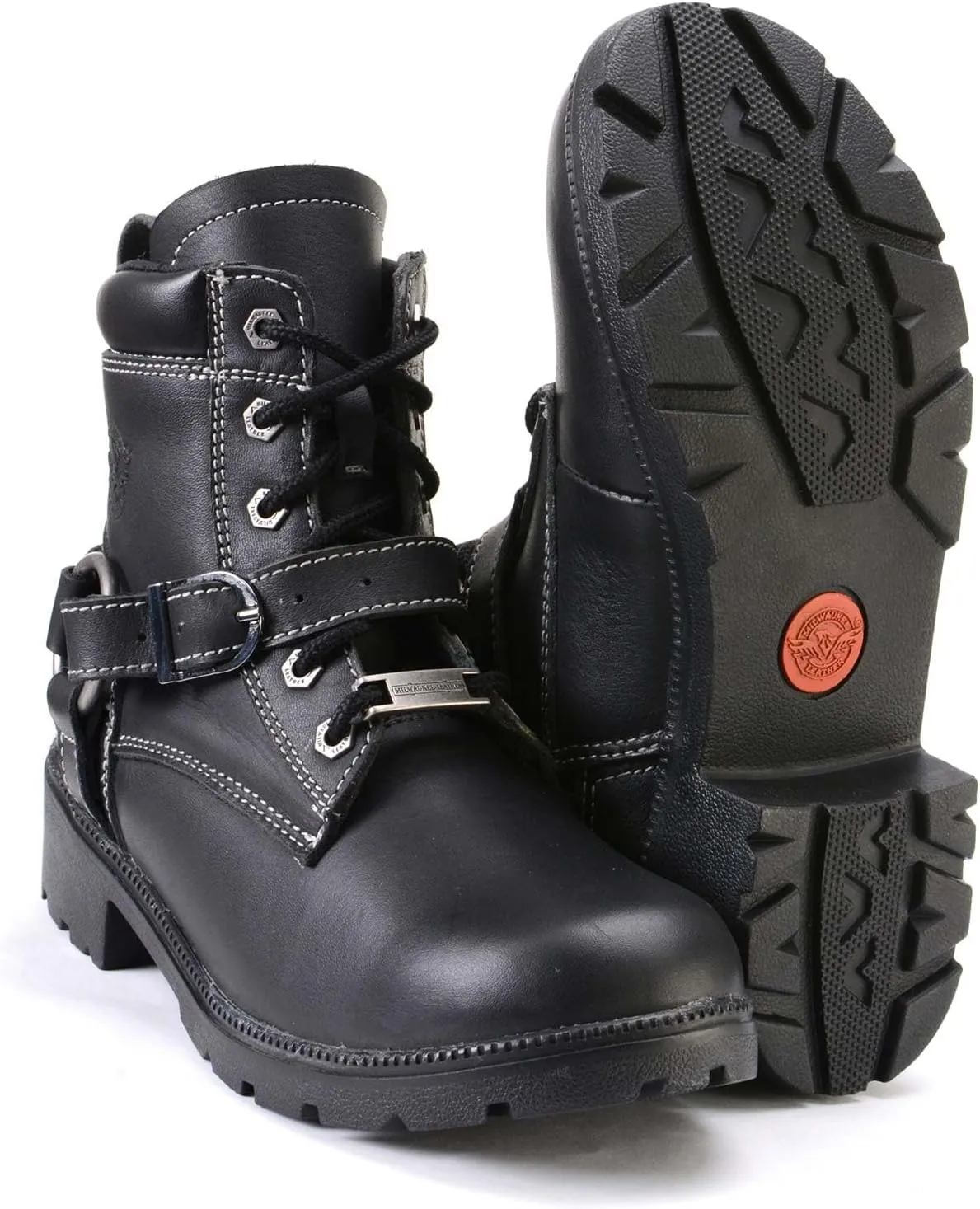 Milwaukee Leather MBL9312 Women's Black Leather Lace-Up 7-Inch Harness Motorcycle Rider Boots w/Buckle - 8