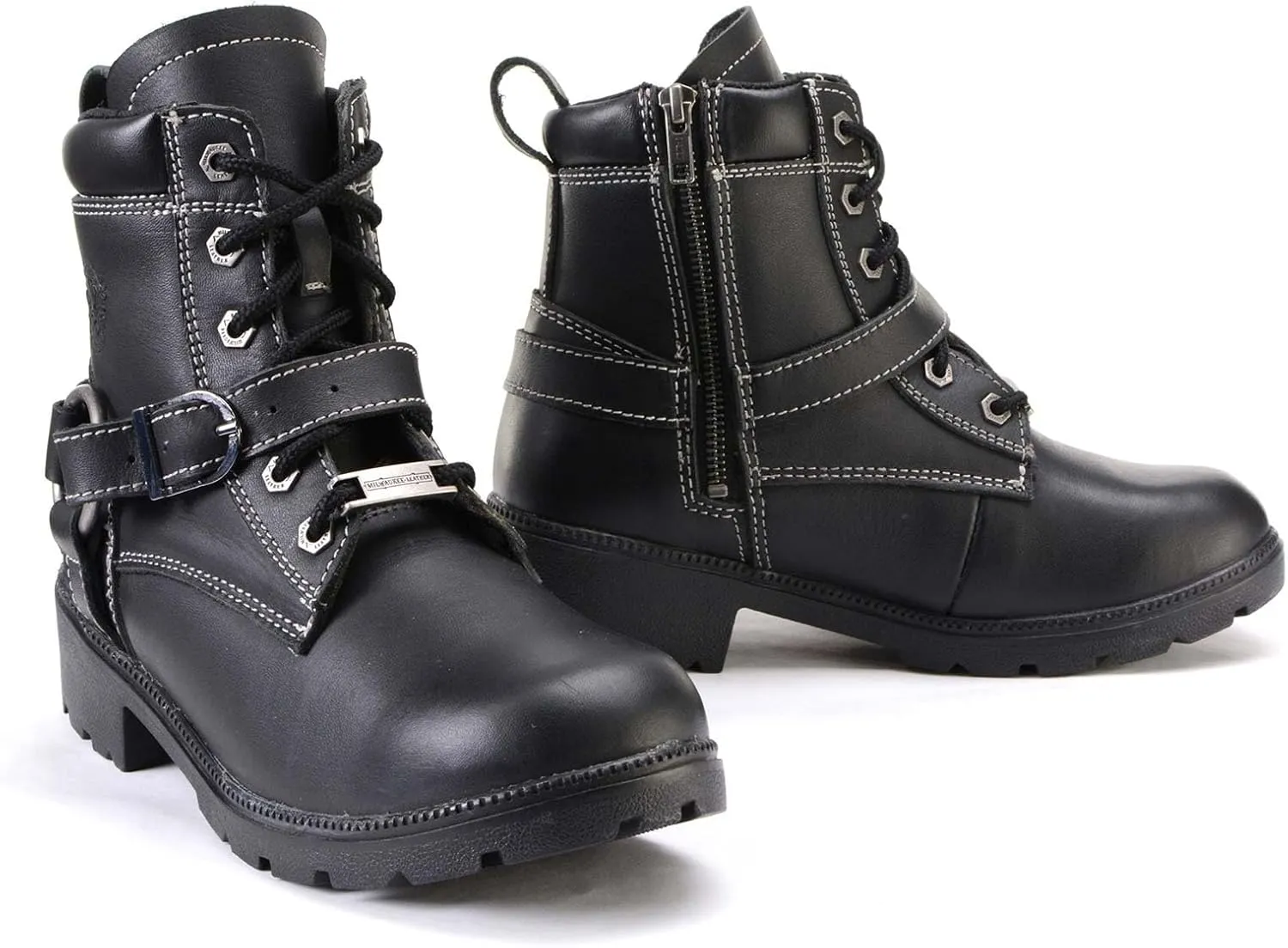Milwaukee Leather MBL9312 Women's Black Leather Lace-Up 7-Inch Harness Motorcycle Rider Boots w/Buckle - 8