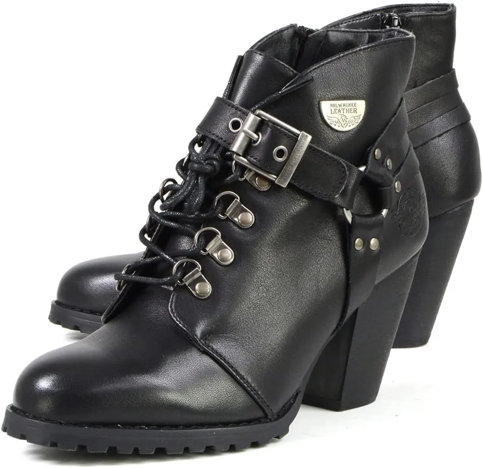 Milwaukee Leather MBL9458 Women's Premium Black Leather Fashion Casual Boots w/Classic Harness Ring - 9