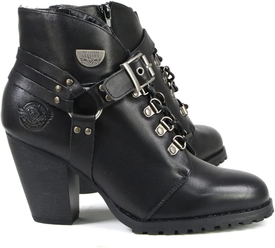 Milwaukee Leather MBL9458 Women's Premium Black Leather Fashion Casual Boots w/Classic Harness Ring - 9