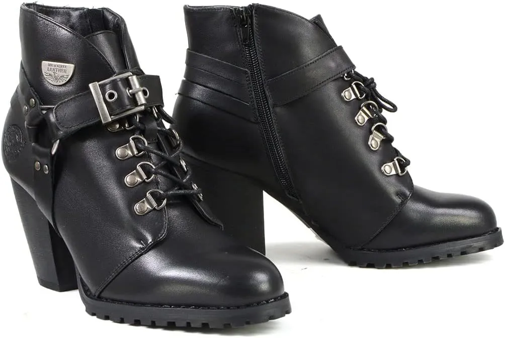 Milwaukee Leather MBL9458 Women's Premium Black Leather Fashion Casual Boots w/Classic Harness Ring - 9