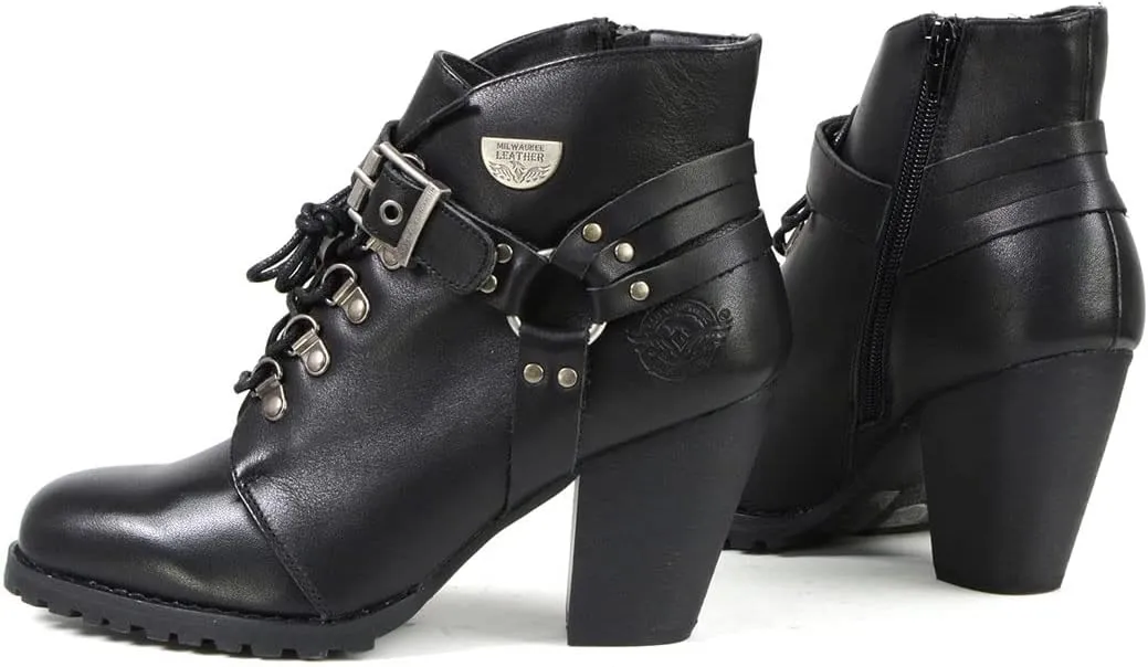 Milwaukee Leather MBL9458 Women's Premium Black Leather Fashion Casual Boots w/Classic Harness Ring - 9