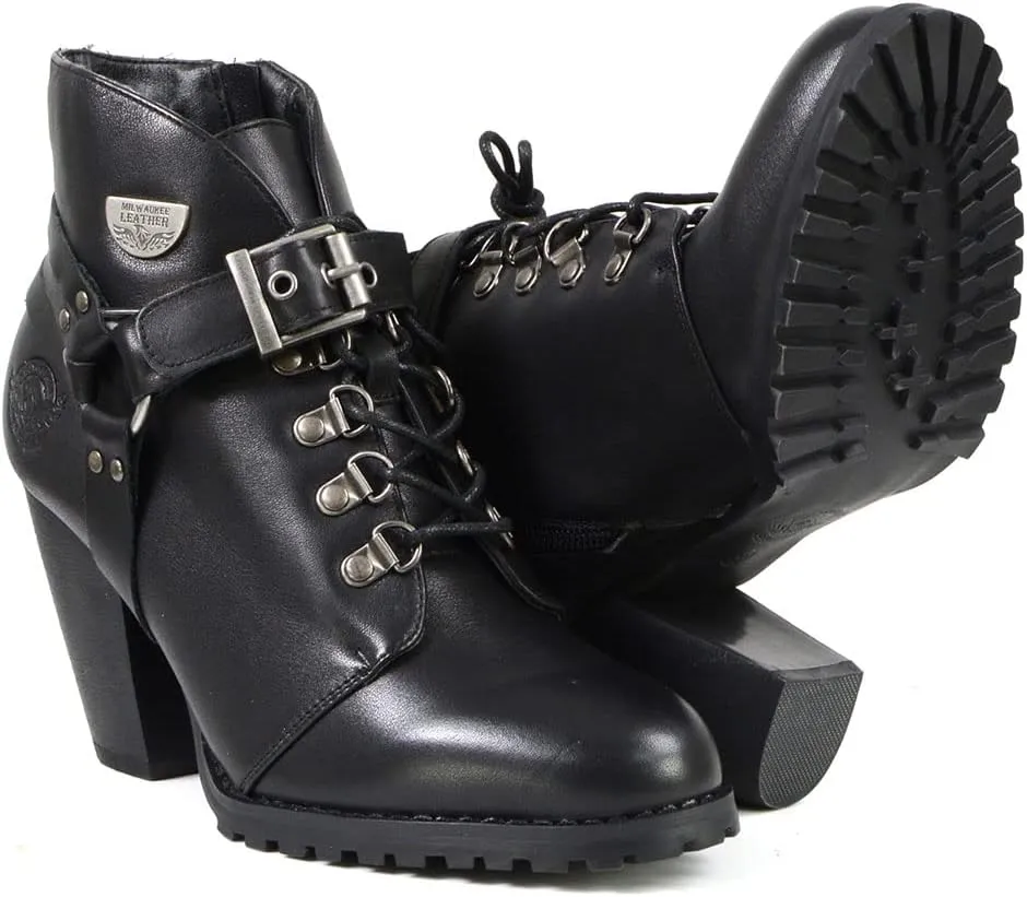 Milwaukee Leather MBL9458 Women's Premium Black Leather Fashion Casual Boots w/Classic Harness Ring - 9