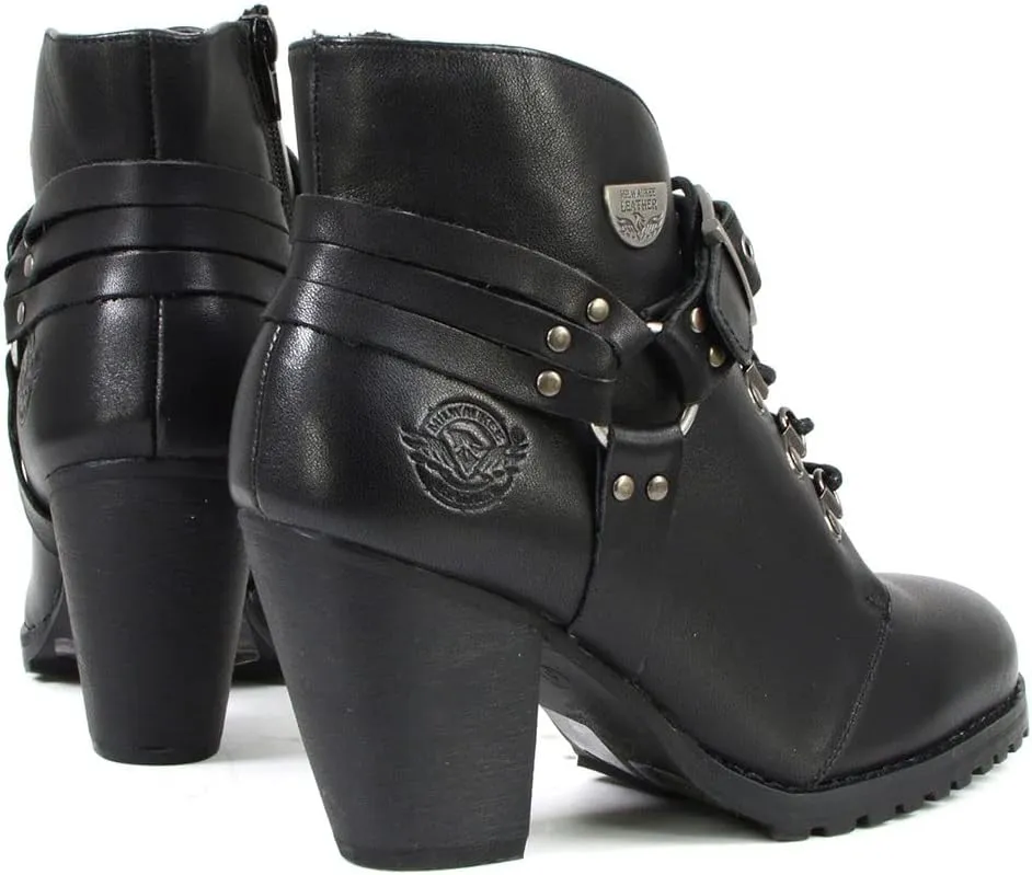 Milwaukee Leather MBL9458 Women's Premium Black Leather Fashion Casual Boots w/Classic Harness Ring - 9