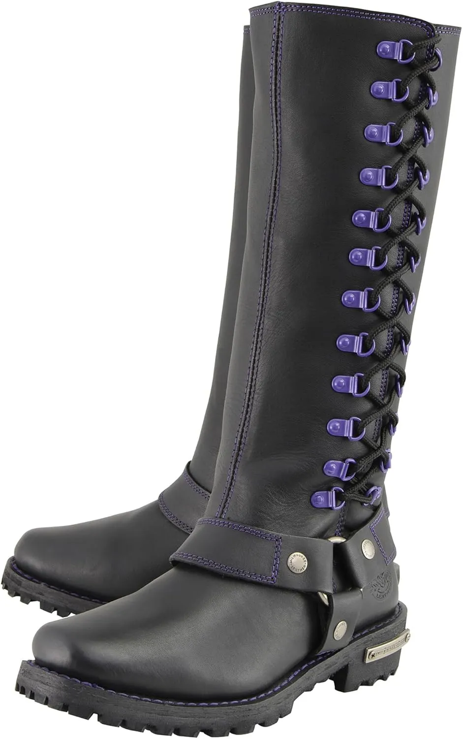 Milwaukee Leather Women's Black 14-inch Leather Harness Motorcycle Boots with Purple or Pink Accent Lacing MBL9366-MBL9367