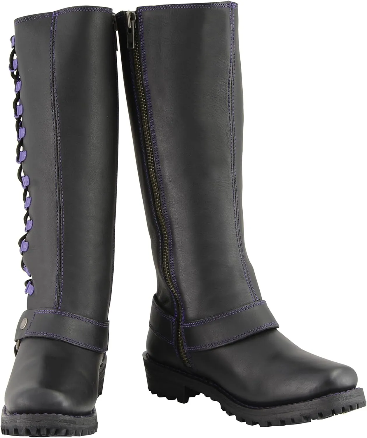 Milwaukee Leather Women's Black 14-inch Leather Harness Motorcycle Boots with Purple or Pink Accent Lacing MBL9366-MBL9367
